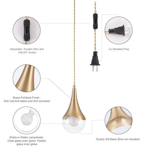 MWZ Gold Plug in Pendant Light,Hanging Lights with Plug in Cord On/Off Switch, Mini Brass Pendant Lights for Kitchen Island,Modern Raindrop Lamps Fixture with Globe Glass Shade for Bedroom - color: Gold, size: 1 Pack-Plug in