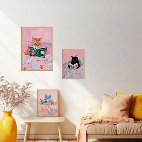 AUROR 3pcsFramed Cute Cat Reading Canvas Wall Art- Fun Whimsical Cat Prints Set -Pink Animal Book Picture Prints Suitable For Children'S Rooms, Girls' Rooms, Living Rooms, And Offices.12x16in - color: Cute pink cat, size: 12x16in