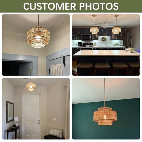 12.4” Boho Rattan Chandelier Light Fixture, 1-Light Hand Woven Pendant Light Fixture Farmhouse Rustic Hanging Lamp for Kitchen Island Bedroom, Dining Room, Living Room, Entryway, Foyer - color: Brown, size: 12.4" 1-Light