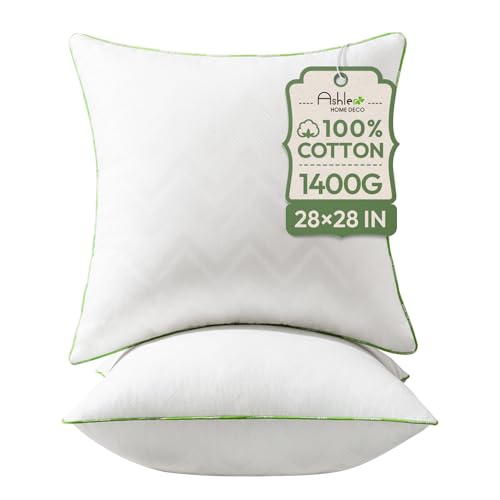 Ashler 28x28 Pillows Insert (Set of 2) - Throw Pillow Inserts with 100% Cotton Cover - 28 Inch Square Interior Sofa Stuffer Pillow Inserts -Decorative White Couch Pillow - size: 28x28 Inch
