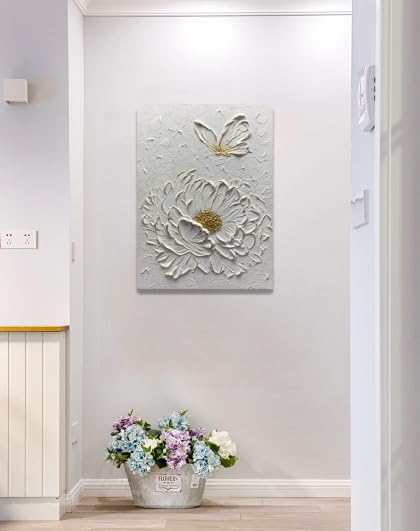 Boiee Art,24x36Inch Hand Painted Creamy Textured Wall Art Elegant Floral Wall Decor Art Minimalist Butterfly Artwork White and Gold Flower Oil Painting for Home Office - color: Creamy white&Gold, size: 24"L x 36"W