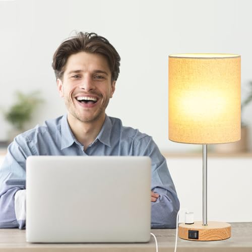 Lynnoland Set of 2 Touch Wood Table Lamps, Bedroom Lamps with 2 USB AC Outlet, 3-Way Dimmable Bedside Nightstand Lamps for Bedroom Living Room Nursery, 800 Lumens 2700K Bulbs Included - color: (2 Pack)Beige & Wood(Base)-2700K Bulbs Included