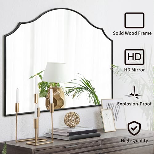 Besdomus Black Scalloped Wall Mirror: 40"x29" Large Modern Wooden Arched Dresser Mirror - Minimalist Fireplace Decorative for Bathroom/Bedroom/Mantel/Vanity/Entryway/Living Room - Stylish Home Decor - color: Black, size: 29"L x 40"W