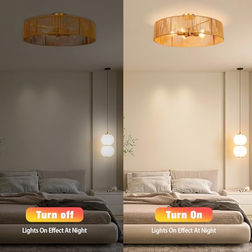 24" Natural Rattan Ceiling Light, Semi Flush Mount Gold Ceiling Light Fixture, 5-Light Boho Chandelier Antique Brass Brush Paint Farmhouse Lamp Fixture for Bedroom Living Room Kitchen Island