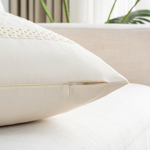 Fancy Homi Set of 2 Boho Cream Decorative Throw Pillow Cover 16x16 Inch for Couch Bed Sofa, Aesthetic Modern Organic Farmhouse Home Decor, Soft Cotton Cute Accent Macrame Woven Cushion Case - color: Cream, size: 16" x 16" (Pack of 2)