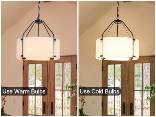 Drum Chandeliers, 18'' Drum Pendant Light Fixture with White Linen Fabric Shade, White Chandelier Adjustable Modern Farmhouse Hanging Lights for Dining Room Bedroom Kitchen Foyer Entryway - color: 18Inch White&Black