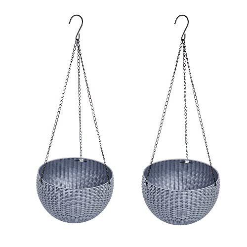 Hanging Basket Plastic Flower Pot Round Resin Garden Hanging Planter for Indoor Outdoor Plants 2 Pack Grey - color: 8 Inch Grey