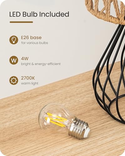Rattan Table Lamp, Boho Table Lamp, Small Bedside Lamp, Handwoven Paper Lampshade, 2700K LED Bulb Included, Boho Desk Lamp, Modern Nightstand Lamp for Bedroom, Living Room, HW06TL05 - color: Mesh + Black