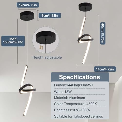 ADISUN Modern LED Pendant Light, Spiral Pendant Lights Kitchen Island, 4500K Neutral Light, Adjustable Height, Pendant Light Fixtures for Living Room Bedroom Hanging Light(Black) - color: Black-Neutral