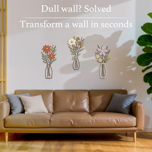 3 Piece Metal Flower Wall Art for Bedroom Living Room Rustic Farmhouse Floral Wall Decor for Bathroom Dining Room Boho Home Decorations Modern Minimalism Walls Hanging Sculptures(Red Purple) - color: Red Purple & Vase Flower