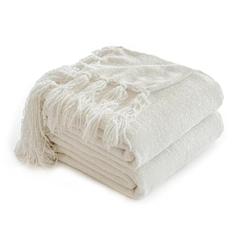 Simple&Opulence Soft Chenille Throw Blanket 50'' x 60'' - Cozy Fluffy Blanket with Fringe Tassel, Farmhouse Boho Blankets for Couch Bed Office Chair Gift Home Decor All Season Use, Cream - color: Cream