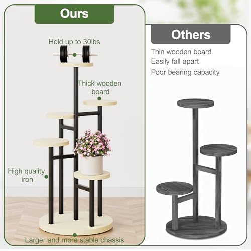 5 Tiers Black Plant Stand Indoor Tall Metal Wood Plant Shelf Outdoor Plant Stands Indoor Plant Table Rack Tiered Plant Stand Garden for Living Room Balcony Patio - RoundLight - color: BlackRoundLight, size: 5-tiers