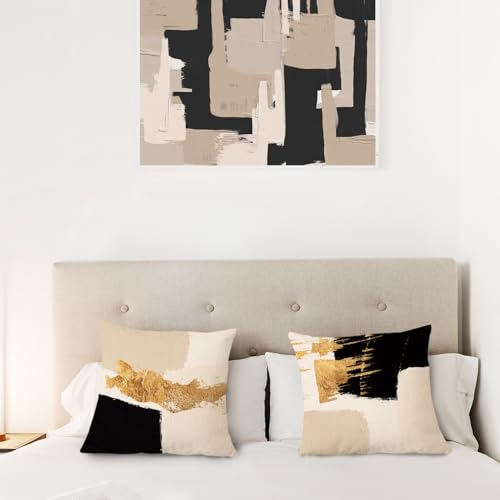 Black Beige Gold Pillow Covers, Abstract Black and Gold Pillow Covers 18x18 Set of 2, Modern Boho Home Decor, Black and Gold Pillows Decorative Throw Pillows for Couch Living Room Bedroom - color: Black Beige Gold, size: 18" x 18" (Pack of 1)