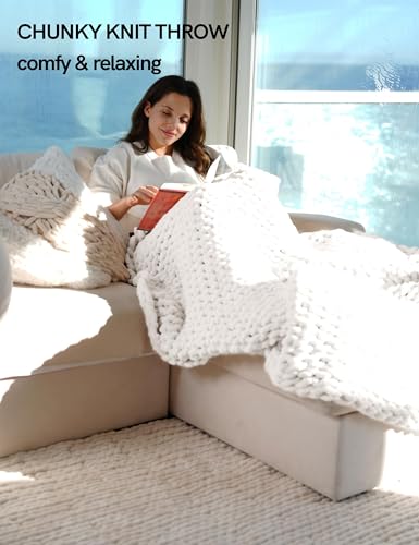 YnM Chunky Throw Blanket, Medium-Weight, Hand Knitted with Chenielle Yarn, Skin Friendly, Ventilated and Breathable, Machine Washable, Home Décor Piece for Couch, Sofa and Bed (White, 40x50 Inch) - color: Chenille - White, size: 40 x 50 Inch