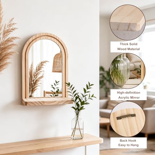 Artilady 4 Pack Wood Floating Shelves Boho Decor, Farmhouse Wall Mounted Mirror Wall Art for Living Room Bathroom Bedroom, Candle Crystal Plant Shelf (Beige Mirror 1) - color: Beige Mirror 1