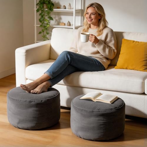 2PCS 20 * 20 * 12inch Unstuffed Ottoman Pouf Cover Unfillable Pouf Cover Foot Rest with Storage Corduroy Round Foot Stool Covers for Living Room Bedroom Home Decor,Grey - color: Grey