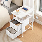 HOOBRO End Table with Charging Station, Narrow Side Table, Nightstand with 2 Non-Woven Drawers, Slim Sofa Side Table, for Small Spaces, Living Room, Bedroom, White WT486UBZ01 - color: White, size: 11.8"L x 18.9"W x 23.6"H