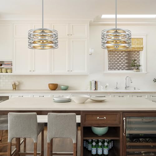 ACNKTZ 12.6'' Drum Pendant Light Fixture Hanging, Retro Semi Flush Mount Chandelier, Silver Chandeliers for Dining Room Bedroom Stairwell Breakfast Area, Silver with Gold Interior - color: Silver with Gold Interior, size: 12.6"/3-Light