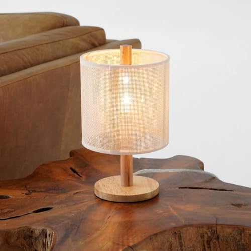 Modern Natural Oak Wood Table Lamp US Warehouse Linen Shade Paper Rattan Weave Base Bedroom Living Room Office Reading