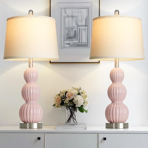 28" Pink Ceramic Table Lamps Set of 2, Modern Bedside Lamps for Night Stands, Triple Gourd Table Lamp for Living Room End Table or Bedroom Nightstand (2 LED Bulbs Included) - color: Pink - 28"H
