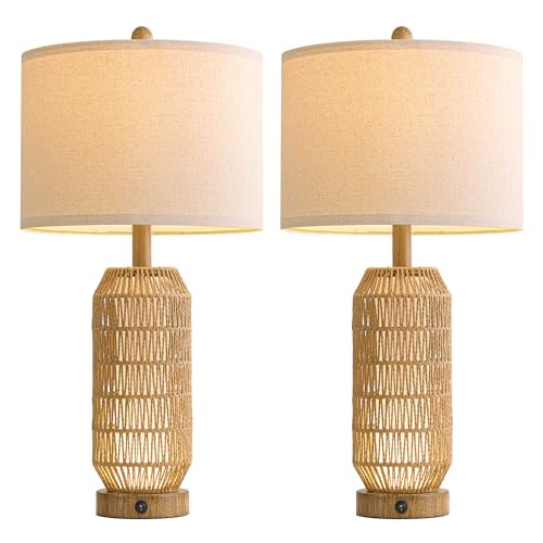 OYEARS 25" Table Lamps Set of 2 with Night Light,Bedside Lamps for Bedroom,Boho Lamps with USB C+A Charging Ports,Farmhouse Table Lamp with Rattan,Frosted Glass,Linen Shade (Wood Grain,Bulb Included) - color: Wood-Grain