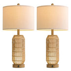 OYEARS 25" Table Lamps Set of 2 with Night Light,Bedside Lamps for Bedroom,Boho Lamps with USB C+A Charging Ports,Farmhouse Table Lamp with Rattan,Frosted Glass,Linen Shade (Wood Grain,Bulb Included) - color: Wood-Grain
