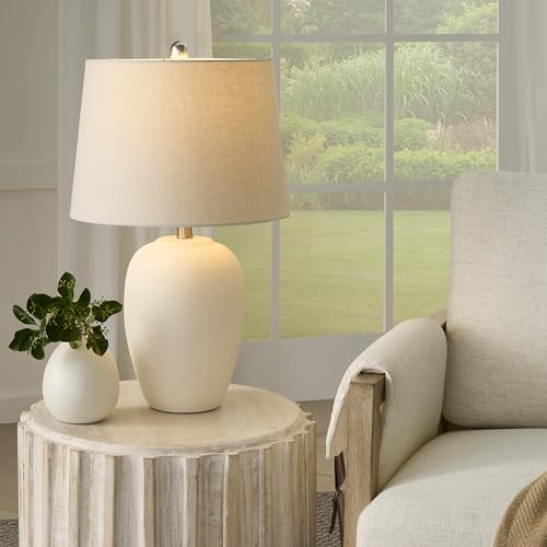 Nourison Home 23" Natural White Ceramic Jar Table Lamp for Bedroom, Living Room, Dining Office, with Off-White Shade - color: Off-White, size: 1 Lamp - Drum Shade
