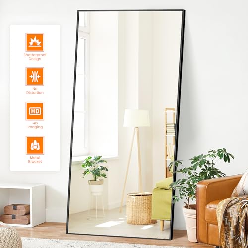 TRAHOME Full Length Mirror, 75"x35" Standing Floor Full Body Mirror for Wall with Aluminum Alloy Frame for Bedroom, Living Room, Dressing Room(Black) - color: Matte Black, size: 75x35 Inch