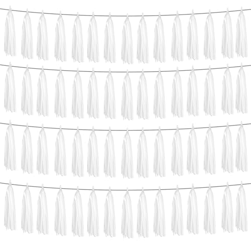 4P White Foil Fringe Metallic Tassel Streamers Banner Tassel Garland for Parade Floats, Graduation, Wedding, Birthday, Halloween, Christmas, Bridal/Baby Shower Party Decorations - color: White