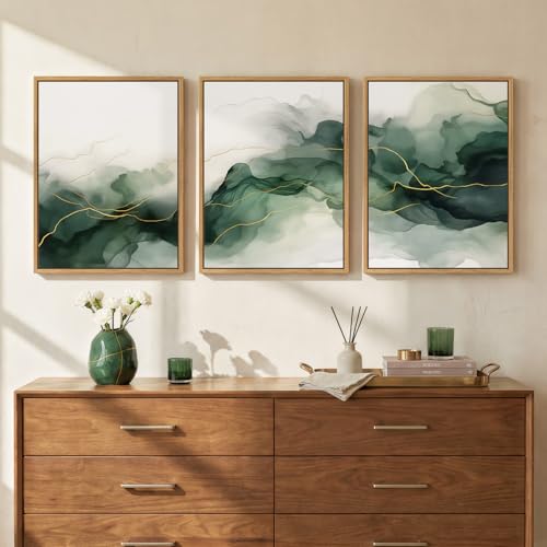 Framed Abstract Emerald Green Wall Art Bedroom, 3 Piece Modern Minimalist Watercolor Prints Canvas Artwork for Walls, Flowing Gold Lines Pictures for Living Room Home Office Wall Decor, 12x16 Inch - color: Emerald Green
