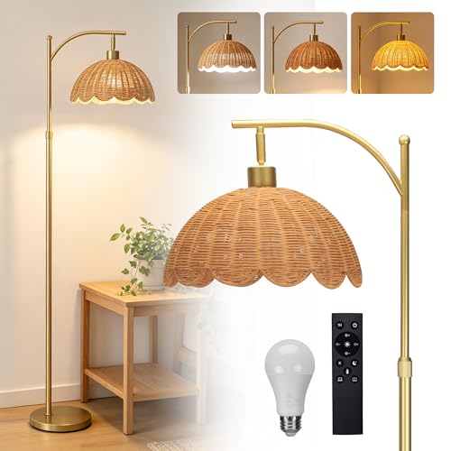 Arc Floor Lamp for Living Room, Gold Boho Floor Lamp with Hand-Woven Rattan Flower Shade, Farmhouse Standing Lamp with Remote & 3 Color Temp Bulbs, Height Adjustable Tall Lamp for Bedroom Corner - color: Gold