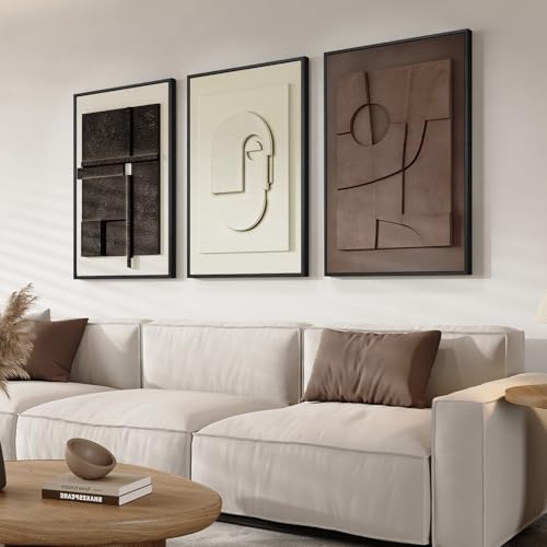 3D Textured Framed Abstract Wall Art, 3 Piece Modern Paintings Artwork for Walls, Black White Brown Geometric Sandstone Texture Pictures for Living Room Dining Room Bedroom Office Wall Decor 16x24 In - color: Black White Brown, size: 16"w X 24"h X 3pcs