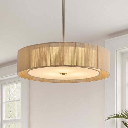 VONLUCE 20" Boho Rattan Chandelier, 4-Light Drum Chandelier with 2-Tier Woven Lampshade, Rattan Ceiling Light for Dining Room Bedroom Living Room with E26 Sockets, Nickel Finish, ETL Certified - color: Nickel, size: 20inch