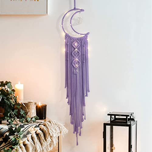 Macrame Moon Dream Catcher for Girl, Purple Boho Crescent Dreamcatcher for Bedroom, Handmade Nursery Room Wall Hanging with Star Pendant for Teen Boy, Bohemian Home Decoration Idea - color: Lavender, size: Without Light