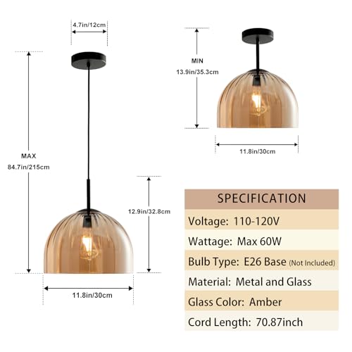 Modern Dome Pendant Lighting Fixture Kitchen Island, 11.8 Inch Large Boho Chandelier, Rustic Farmhouse Industrial Hanging Lamp Ceiling Lights with Amber Glass Bell Lampshade - color: Amber, size: 30CM
