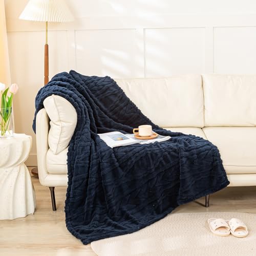 YUSOKI Sherpa Large Throw Blanket Single Layer,Light Weight(1.7lb),320GMS-3D Stylish Design for Gift Home Decor (Navy,50"x65") - color: Navy-(without Pillows), size: Throw (50" x 65")