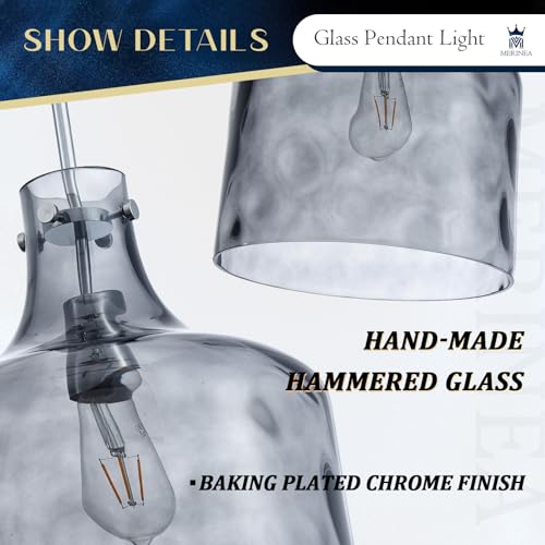 Farmhouse Pendant Light – Hand-Blown Smoked Gray Hammered Glass Shade, Polished Chrome Finish, E26 Socket, Adjustable Chain Hanging Fixture for Kitchen Island, Dining Room & Hallway, 15" H x 12" D - color: Chain Smoked