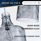 Farmhouse Pendant Light – Hand-Blown Smoked Gray Hammered Glass Shade, Polished Chrome Finish, E26 Socket, Adjustable Chain Hanging Fixture for Kitchen Island, Dining Room & Hallway, 15" H x 12" D - color: Chain Smoked