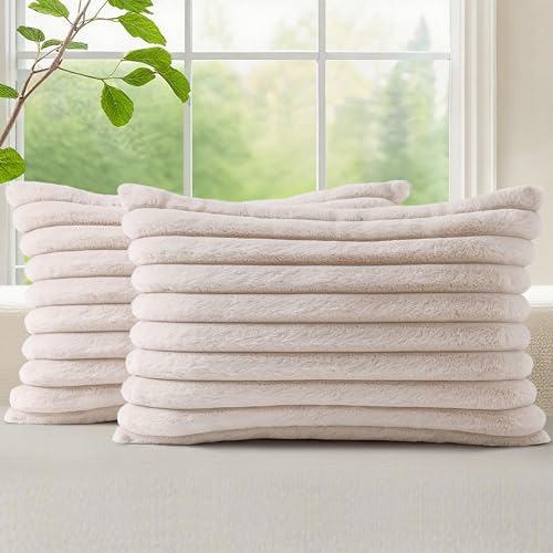 decorUhome Fall Cozy Faux Fur Throw Pillow Covers 12x20 Set of 2 Decorative Soft Plush Striped Lumbar Modern Farmhouse Boho Couch Pillow Cases with Velvet Back for Sofa Bed Living Room, Beige - color: Beige, size: 20" x 12" (Pack of 2)