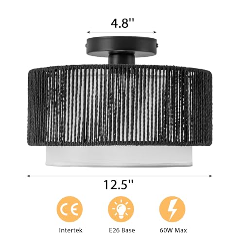 SineRise 12'' Rattan Flush Mount Ceiling Light Fixture,2-Tier Drum Hand-Woven Boho Flush Mount Ceiling Light,Farmhouse Light Fixture for Living Room,Kitchen,Bedroom Foyer Entryway ect.（Black） - color: Black, size: Small Ceiling