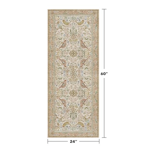Hazo Haus Boho Bathroom Runner Rug 2x5 - Floral & Bird Runner Rug for Kitchen Floor, Hallway, Laundry Room, Bedroom, Entrance, Beige Neutral Vintage Decor, Washable Non Slip Low Pile - color: Beige, size: 2' x 5' (Runner)