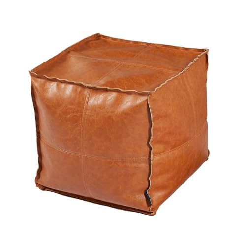 Pouf Ottoman, Unstuffed Pouf Cover, Handmade Faux PU Leather Moroccan, Orange Brown 17.7" Square, Foot Rest for Living Room, Floor Chair Gifts for Men Women, (Only Cover)