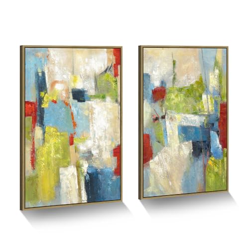 Framed Abstract Colorful Wall Art: 2 Pieces Artistic Heavy Textured Artwork Green Red Aesthetic Painting for Living Room - color: colorful, size: 36”x24”x2