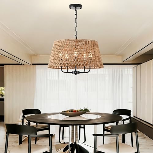 20" Large Rattan Chandeliers for Dining Room, 5-Light Farmhouse Wicker Boho Chandelier with T-Shape Shade Rattan Ceiling Pendant Light Fixture for Bedroom Hallway Kitchen Island(Black) - color: Black 5-Light 20" T-Shape