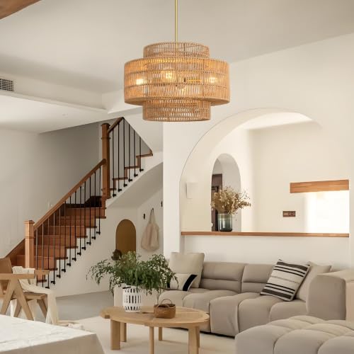 17.7”Boho Rattan Chandelier for Dining Room, 4-Light Hand Woven Pendant Light Fixture Farmhouse Rustic Ceiling Hanging for Kitchen Island Bedroom Living Room Nursery Foyer - size: 17.7″ Brown