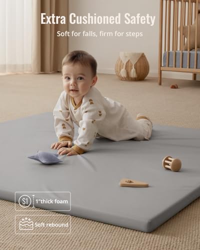 Blissful Diary Vegan Leather Baby Play Mat, 50x50 Thicken Foam Cushioned & Waterproof Playpen Mat for Infants and Toddlers, Stylish and Just Wipe-Clean Playmat for Baby Play on Floor, Light Gray - color: Light Gray, size: 50" X 50"