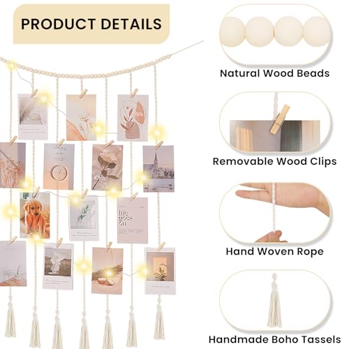 Macrame Hanging Photo Display Boho Wall Decor with String Lights Wooden Beads Garland Picture Frame Collage Holder with 30 Clips for Room, Bedroom, Dorm, Christmas Teenage Teen Girl Gifts (Beige, Medium) - size: Medium