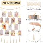 Macrame Hanging Photo Display Boho Wall Decor with String Lights Wooden Beads Garland Picture Frame Collage Holder with 30 Clips for Room, Bedroom, Dorm, Christmas Teenage Teen Girl Gifts (Beige, Medium) - size: Medium
