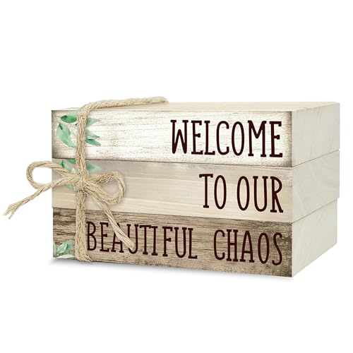 Ycyfckdr Decorative Wood Book Stack for Home, Welcome to Our Beautiful Chaos, Rustic Table and Living Room Bookshelf Farmhouse Decor (L68) - color: Welcome 4