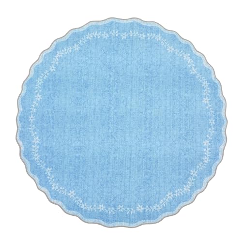 GarveeHome Round Area Rugs 4ft for Kids Room, Solid Blue Scalloped Washable Circle Rug Soft Non Slip Floral Print Floor Mat Carpet Indoor Thin Tent Rug for Bedroom Dining Room Playroom Nursery - color: Baby Blue, size: 4' (Round)